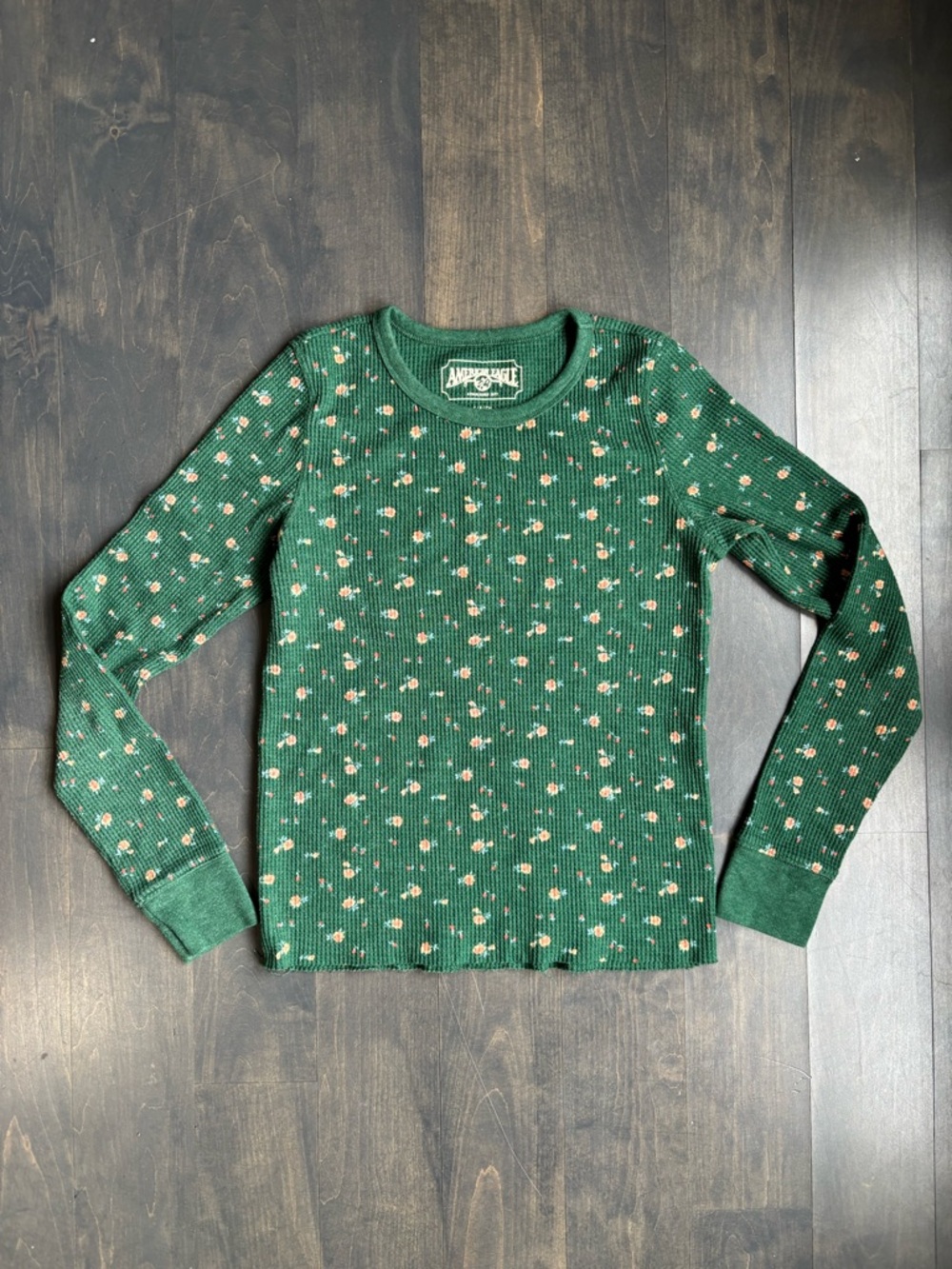 American Eagle Outfitters Green Floral Waffle-Knit Top